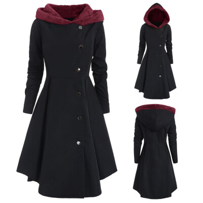 

Roseonmyhand Women Plus Size Asymmetric Fleece Hooded Single Breasted Long Drap Buttons Coat