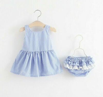 

Cute Newborn Infant Kid Baby Girl Striped Bow Dress Ruffle Short Pant 2pcs