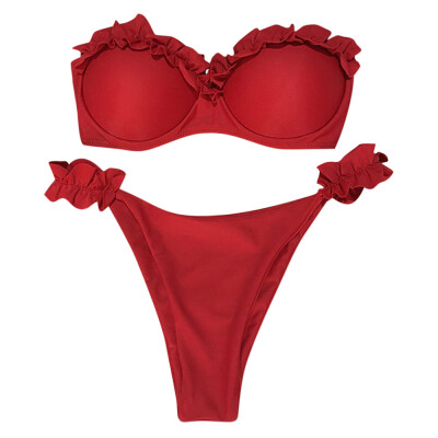 

Sexy Strapless Padded Underwire Ruffle Solid Color Low Waist Women Bikini Set