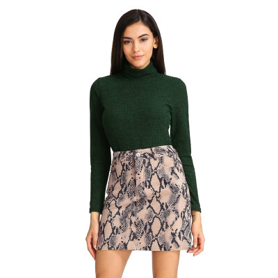 

Roseonmyhand Women Sexy Snake Print Skirt Elastic Suede Zipper Button Short Mini Skirt