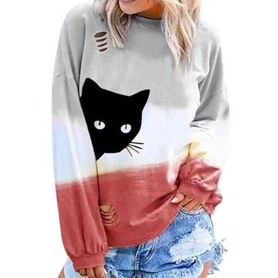 

Women Tie Dye Gradient Shirts Casual Broken Hole Round Neck Blouse