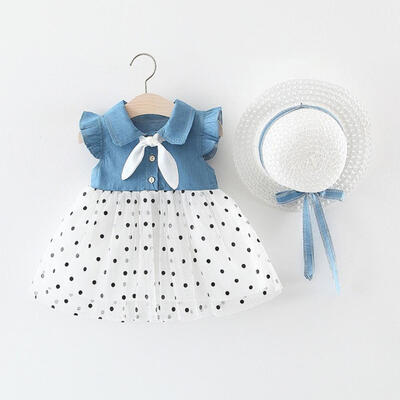 

Summer Girls Dress Casual Baby Girls Patchwork Design Flare Sleeve Dress for Girls Cotton Mesh Kids Toddler Sundress With Hat