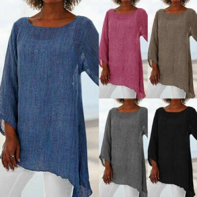 

Plus Size Womens Cotton Linen Baggy Tops Summer Ladies Round Neck Long Sleeve Tunic Top Casual Irregular T-Shirts Blouse