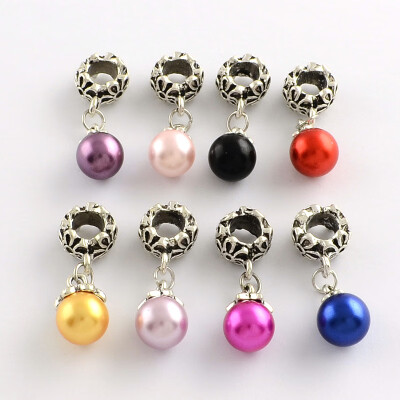 

Alloy European Dangle Beads with Round ABS Plastic Imitation Pearl Beads Antique Silver Mixed Color 31mm Hole 6mm