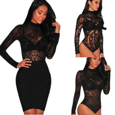 

Women Lace Bodysuit Sheer Mesh Turtleneck Long Sleeve Leotard Jumpsuit Top