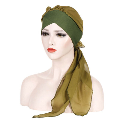 

Summer Pure Color Muslim Bonnet Hijab Forehead Cross Chiffon Long Tail Turban Hat Chemo Cap Head Scarf
