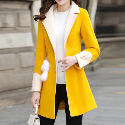 

Toponeto Women Work Patchwork Vintage Winter Office Long Sleeve Button Woolen Jacket Coat