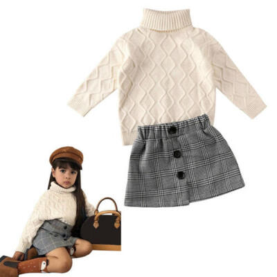 

2PCS Kids Baby Girls Winter Clothes Turtleneck Sweater Tops Mini Skirt Outfits