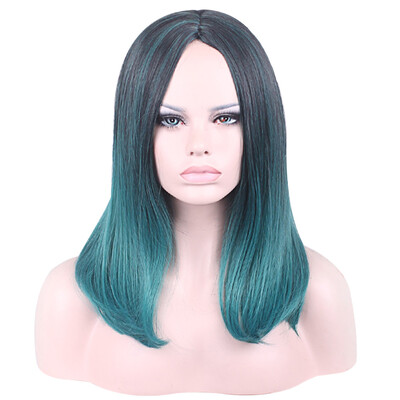 

Women Hair Wigs Harajuku Black Mixed Green Gradient Color Heat Resistant Synthetic Ombre Cosplay