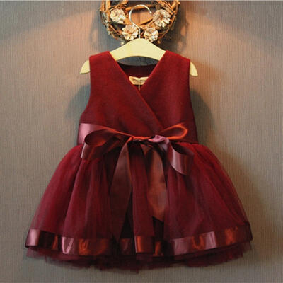 

Baby Girls Flower Evening Party Lace Chiffon Sleeveless Tulle Bow Gown Formal Wedding Dresses 2-7Y Wine Red