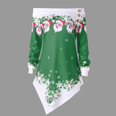 

Nomeni Women Christmas Santa Snowflake Printed Tops Off Shoulder Asymmetric Sweatshirt