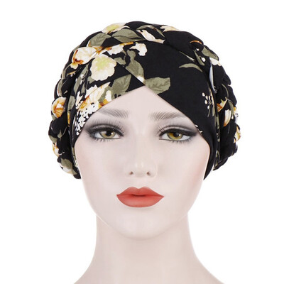 

6 Colors Muslim Women Flower Print Turban Cancer Braided Chemo Hat For Women Stretch Head Scarf
