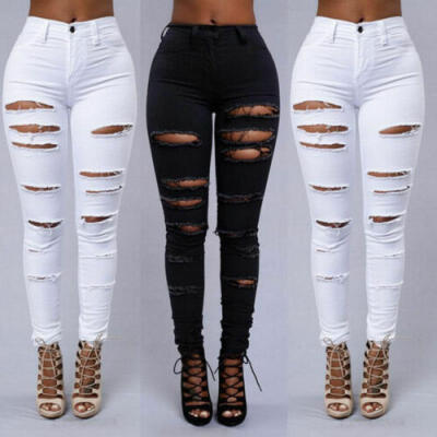 

Womens High Waist Denim Pants Distressed Ripped Skinny Leg Jeans Long Trouser