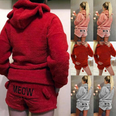 

Womens Ladies Warm Long Sleeve HoodieShorts Tow Piece Set Pajamas Sleepwear