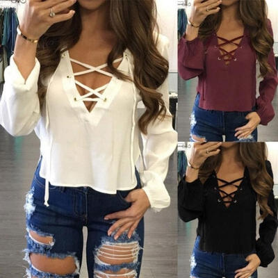 

Fashion Women Ladies Long Sleeve Loose Blouse Summer V Neck Casual Bandage Shirt Tops