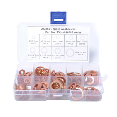 

200pcs 9 Sizes Copper Washer Gasket Set Flat Ring Seal Kit with Plastic Box M5M6M8M10M12M14 for Generators Machinery