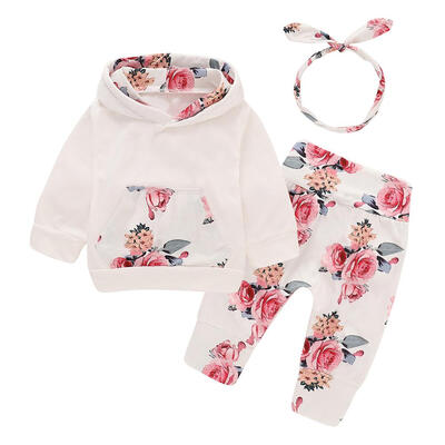 

3pcs Infants Clothes Set Baby Floral Print Autumn Hoodies Pants Headband