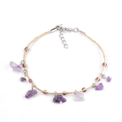 

Handmade Braided Raffia Anklets Lucky Raffia with Chip Amethyst & Silver Lined Seed Beads Iron Lobster Clasp&Extender Chain
