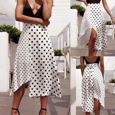 

Women Ladies Beach Polka Dot Print High Waist Bandage Lace Up White Split Skirt