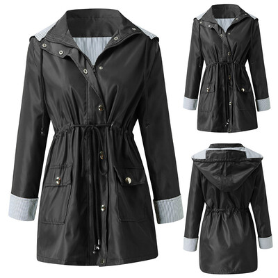 

Roseonmyhand Women Solid Rain Jacket Outdoor Plus Size Waterproof Hooded Windproof Loose Coat