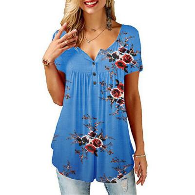 

Womens Summer Floral V Neck Blouses Loose Baggy Tops Tunic T Shirts Plus Size