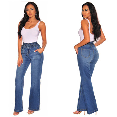 

〖Follure〗Women High Waist Stretch Lace Up Loose Jeans Wide Leg Pants Trouses