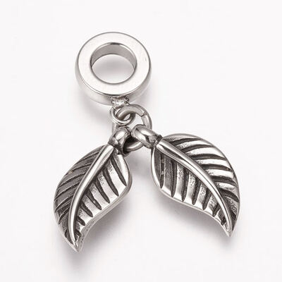 

304 Stainless Steel European Dangle Beads Large Hole Pendants Leaf Antique Silver 31mm Hole 5mm Pendant 21x10x35mm