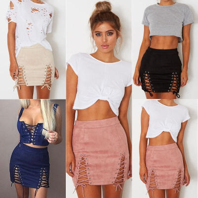 

Women Suede Party A-Line High Waist Lace Up Bandage Party Short Skirt Dress