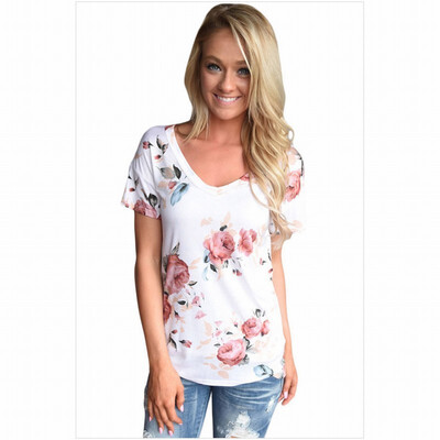 

V-neck short-sleeved floral print casual straight T-shirt top