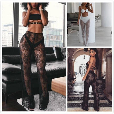 

Women Sexy Lace See Through High Waist Flared Trouser Beach Summer Holiday Mesh Pants
