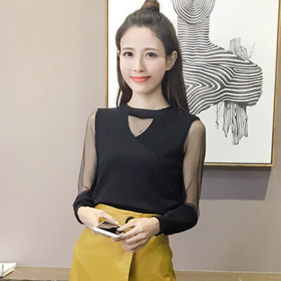 

Women Sweater Sexy Mesh Hollow Out V-Neck Sweater Solid Fashion Off Shoulder Tops Korean Casual Female Bottoming Pullovers