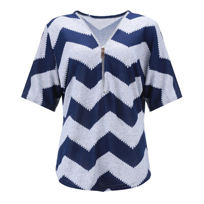 

Summer Womens T-Shirt V Neck Geometric Print Zipper Short Batwing Sleeve Striped Printed T-shirt Femme Plus Size Tops