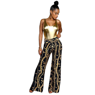 

Fashion Women Gold Chain Print Wide Leg Palazzo Pants Loose High Waist Party Club Capri Trousers Black