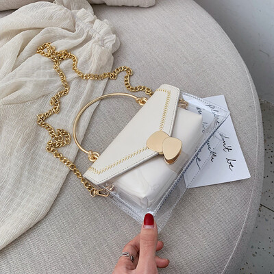 

New 2019 Transparent Women Handbag Small Square Zipper Clear Metal Top Handle Tote Bags PVC Shoulder Messenger Chain Bag Bolso
