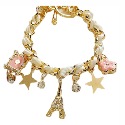 

Fashion Jewelry Multielement Gold Chain Leather Rope Crystal Handmade Bracelet