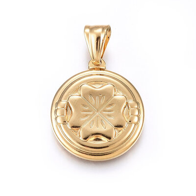 

304 Stainless Steel Pendants Large Hole Pendants Flat Round with Clover Golden 27x235x35mm Hole 9x5mm