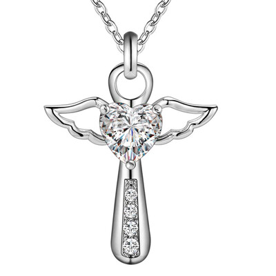 

Jesus Cross Love Angel Heart Wing Silver Plated Pendant Necklace Women Girl Gift