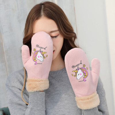 

Women Girls Lovely Unicorn Thick Plus Velvet Thickened Unicorn Full Gloves Fluffy Plush Mitten