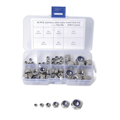 

60PCSSet M3-M10 Nylon Nut Locknut Anti-drop Nut Kit Stainless Steel Self-locking Nut Insert Locking Nuts