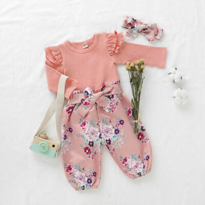 

UK Newborn Infant Baby Girl Clothes Knitted Tops RomperFlower Pants Outfits Set