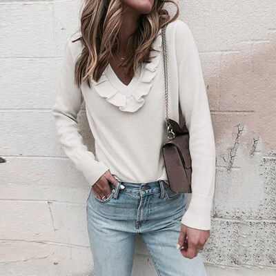 

Tailored Womens Fashion V-neck Long Sleeve Pure Leaf Collar Top Blouse