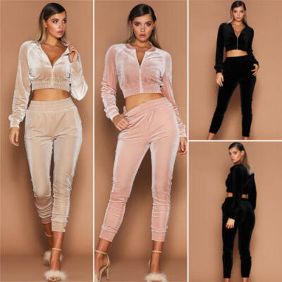 

US Womens Long Sleeve Zipper Elasic High Waist Pants Top Set Tracksuit Jumpsuit