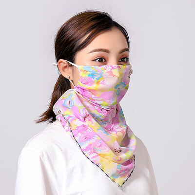 

19 summer sun protection neck chiffon mask female flowers antique elegant printing breathable mask square towel factory direct sales