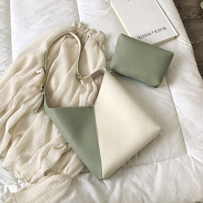 

Tailored 2PC Women Retro Double Color Patchwork Leather Messenger Bag Shoulder Bag Purses