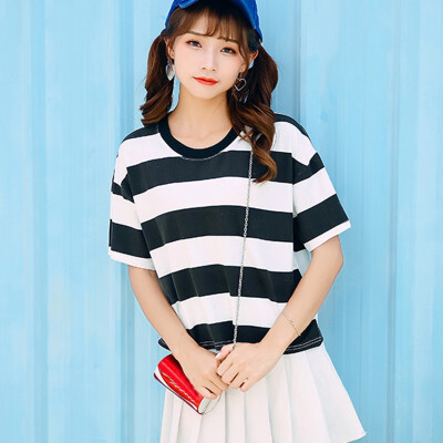 

Women Width Striped Candy Color T Shirt Short Sleeve O Neck Women Tops Harajuku Summer Casual Loose Tshirt