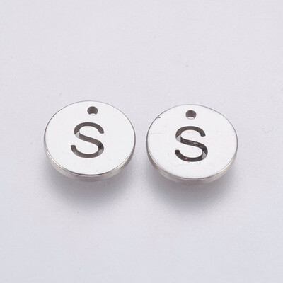 

304 Stainless Steel Charms Flat Round with Letter Stainless Steel Color LetterS 10x1mm Hole 1mm