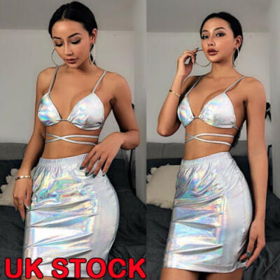 

Womens 2 Piece Set Evening Party Dress Bodycon Reflective Crop Top Slinky Skirt