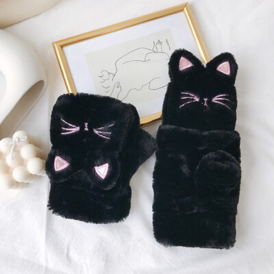 

Tailored fashion Women Winter Lovely Warm Flip Over Thickening Cat Plush Gloves