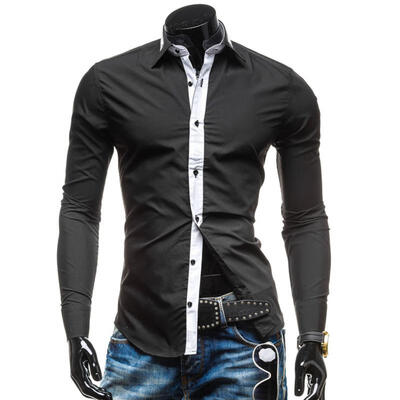 

New Spring Men Shirt Cuff Solid Color Long-Sleeved Shirt Male Patchwork Casual Slim Shirts