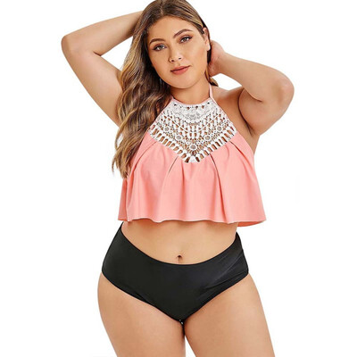 

Increase the hanging neck to gather a bikini crochet print vest split swimsuit